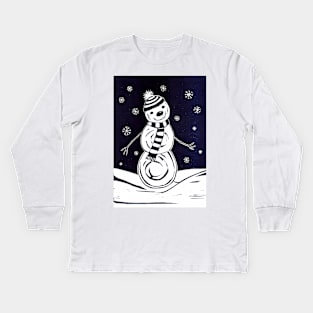 Christmas Snowman Linocut Kids Long Sleeve T-Shirt